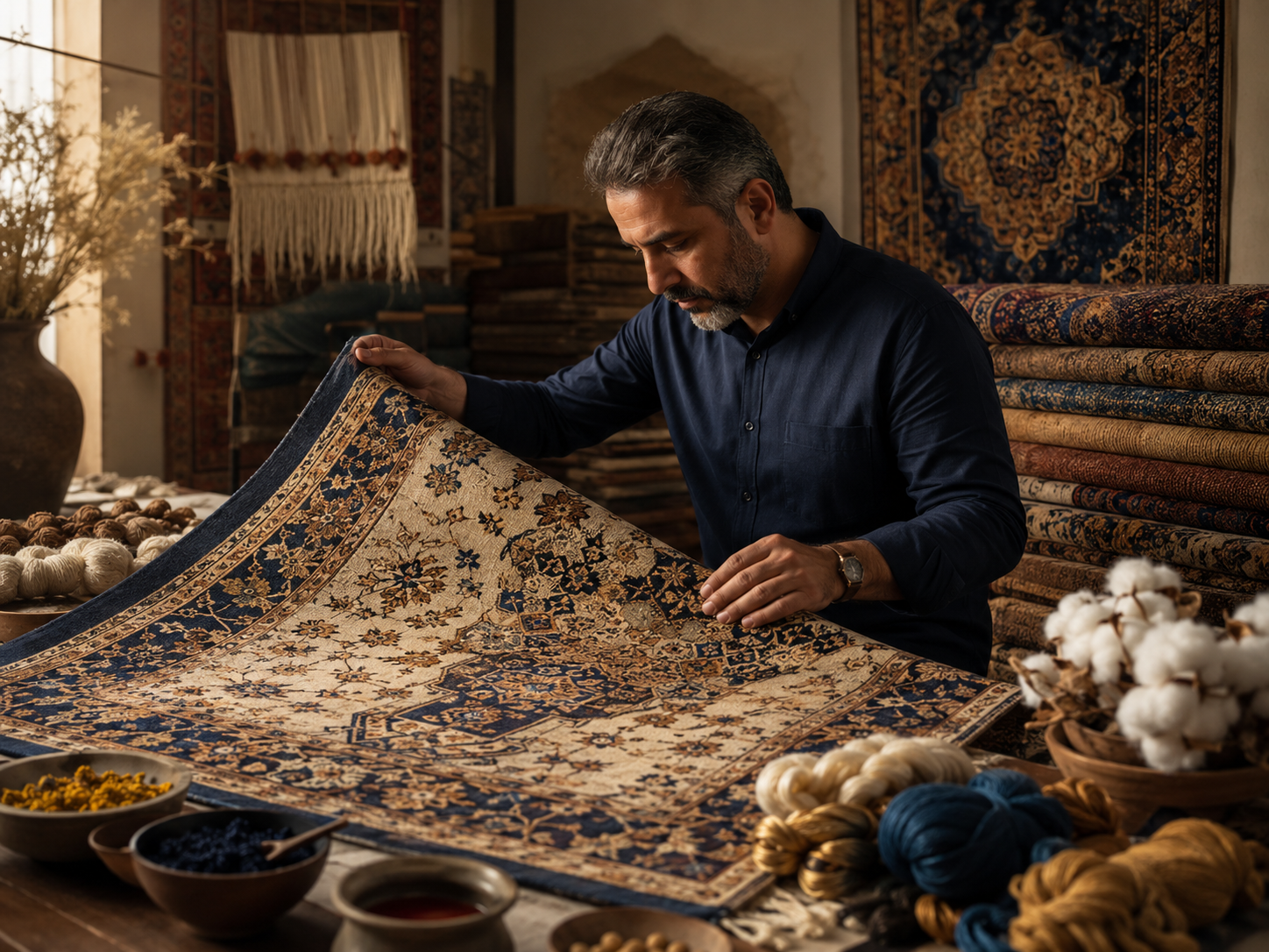 Handgefertigter Teppich, Garne und traditionelle Materialien in einem Teppichatelier