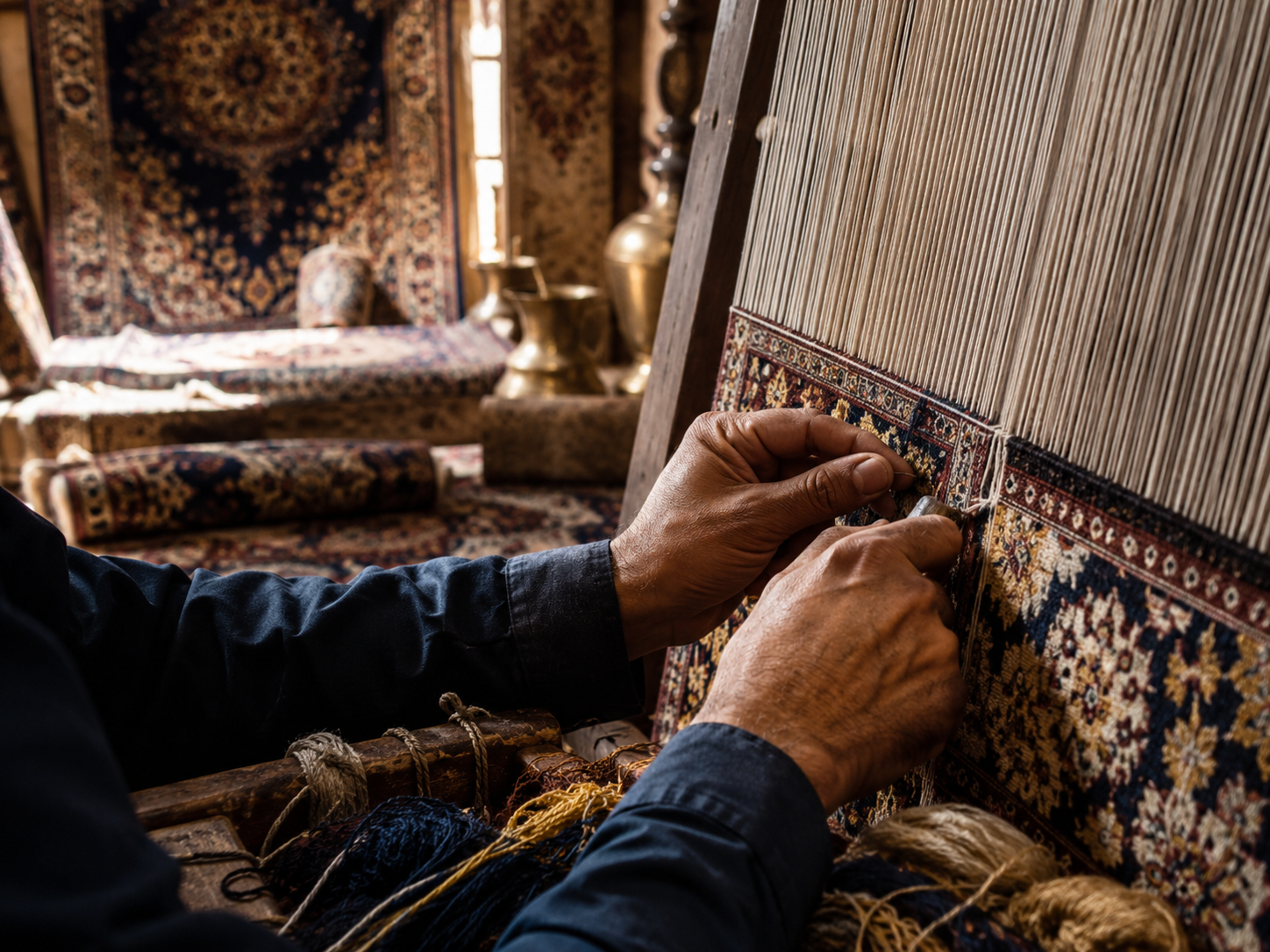 Detailaufnahme traditioneller handgeknüpfter Teppichkunst